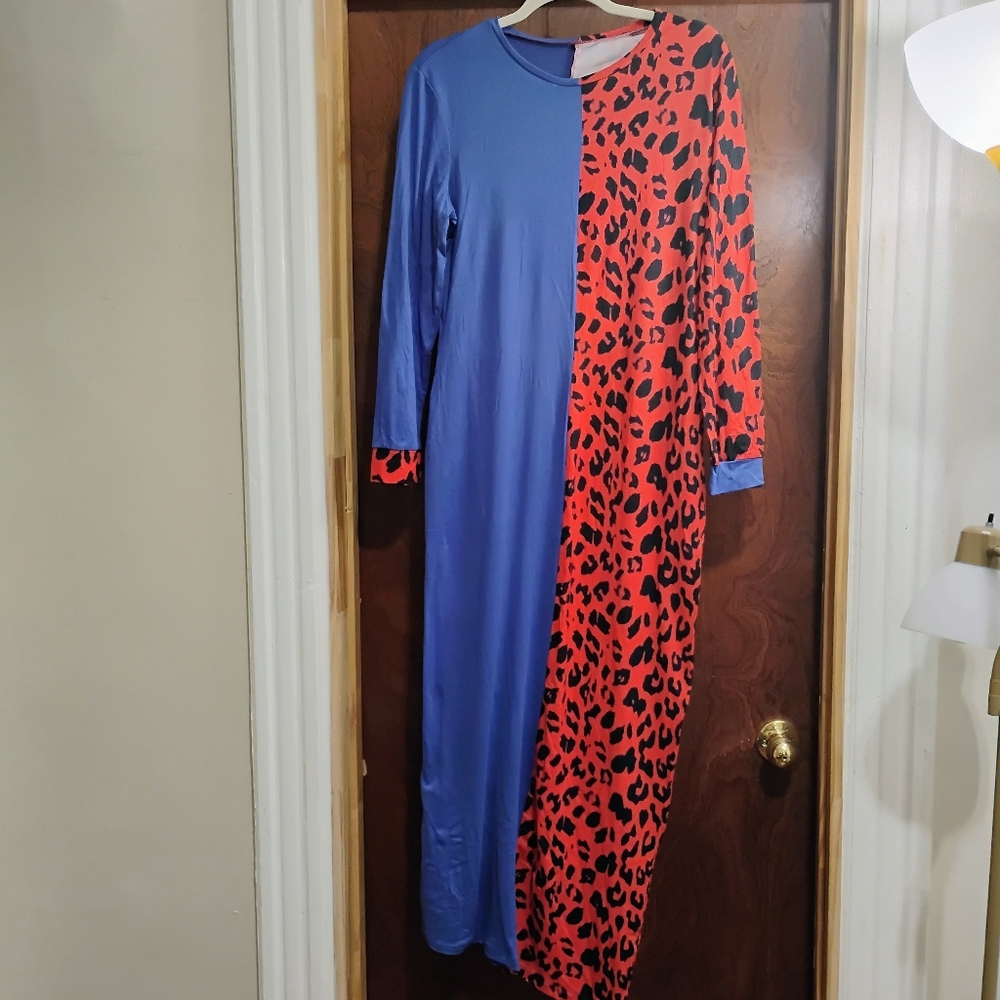 Long Sleeve Cheetah, Size: XL, Blue/Red Maxi Dress